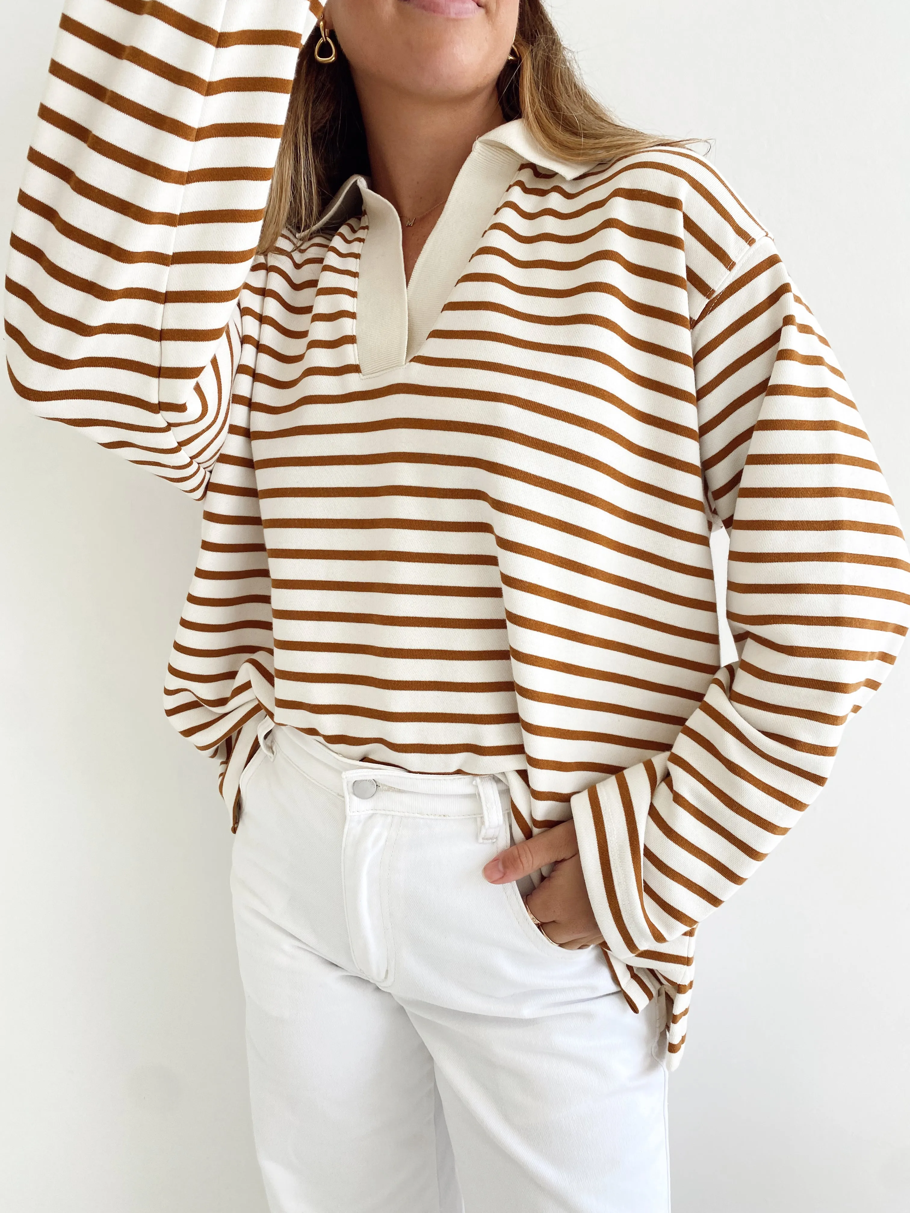 Coast Striped Pullover - Camel / White