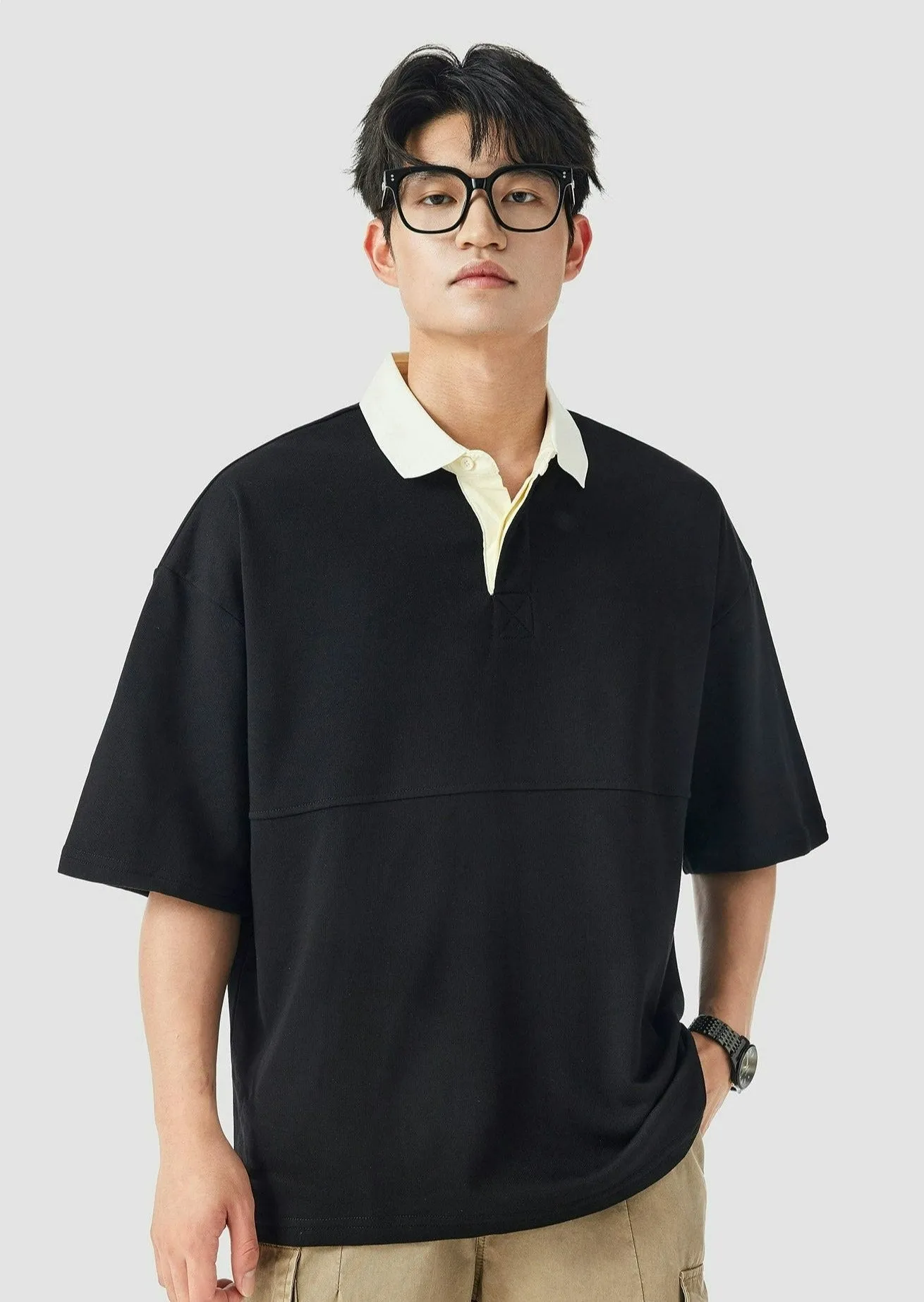 Contrast Collar Oversized Polo Shirt