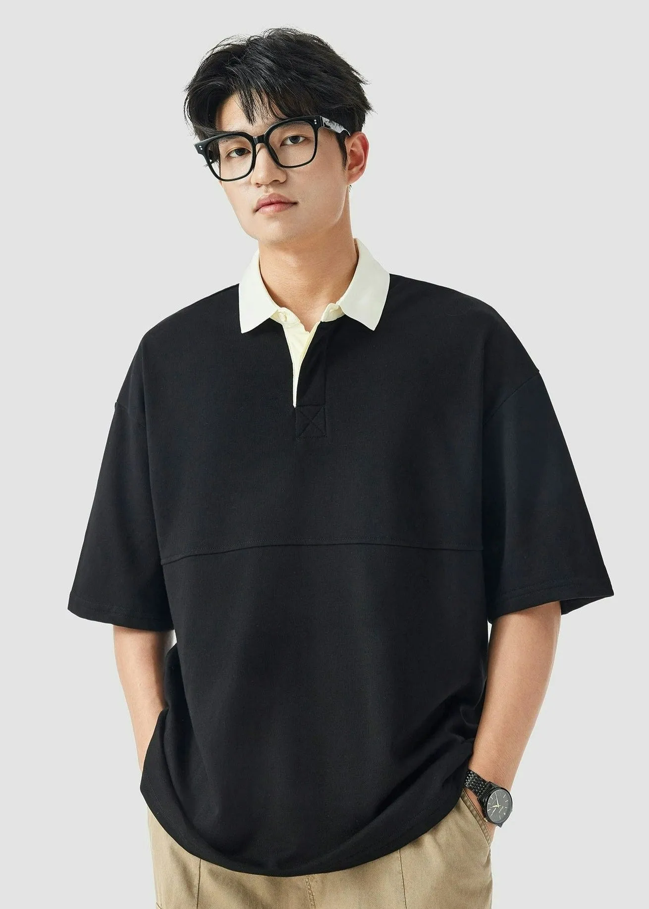 Contrast Collar Oversized Polo Shirt