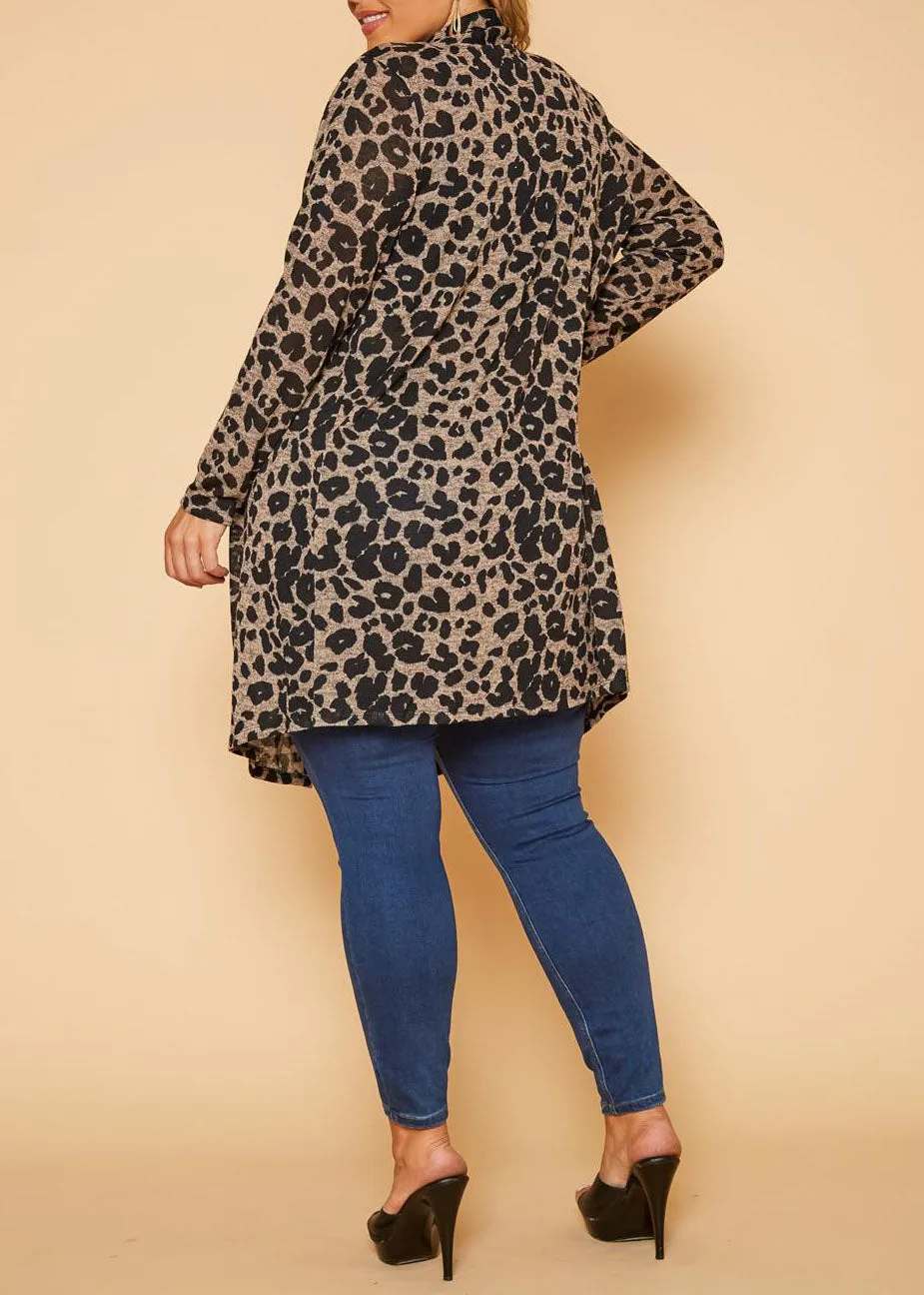 Hi Curvy Plus Size Women Leopard Print Drape Front Cardigan