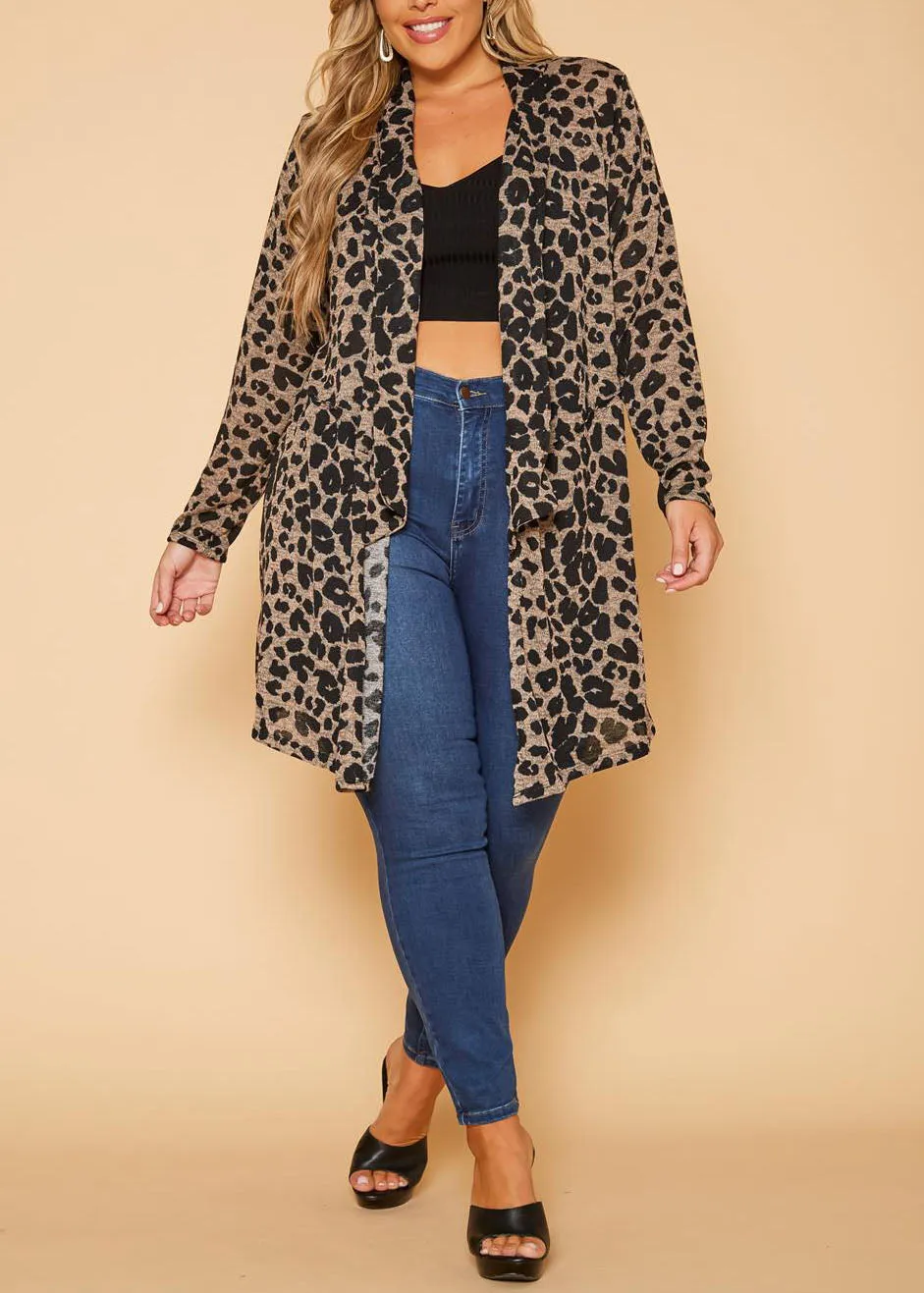 Hi Curvy Plus Size Women Leopard Print Drape Front Cardigan