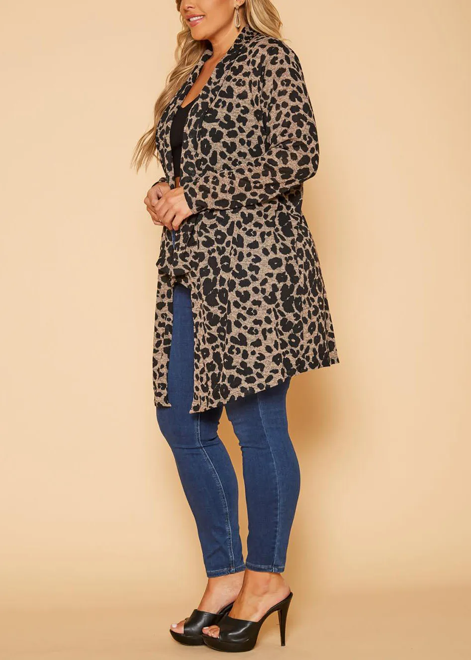 Hi Curvy Plus Size Women Leopard Print Drape Front Cardigan