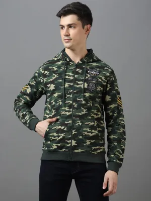 Men's Green Cotton Camouflage Printed Hooded Neck Sweatshirt