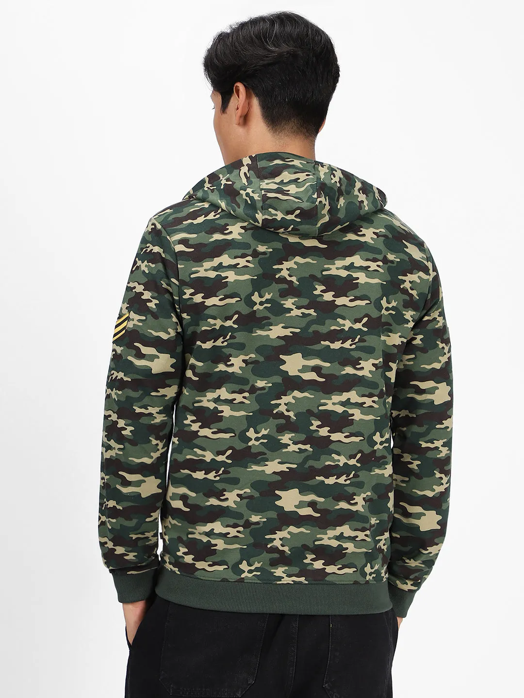 Men's Green Cotton Camouflage Printed Hooded Neck Sweatshirt