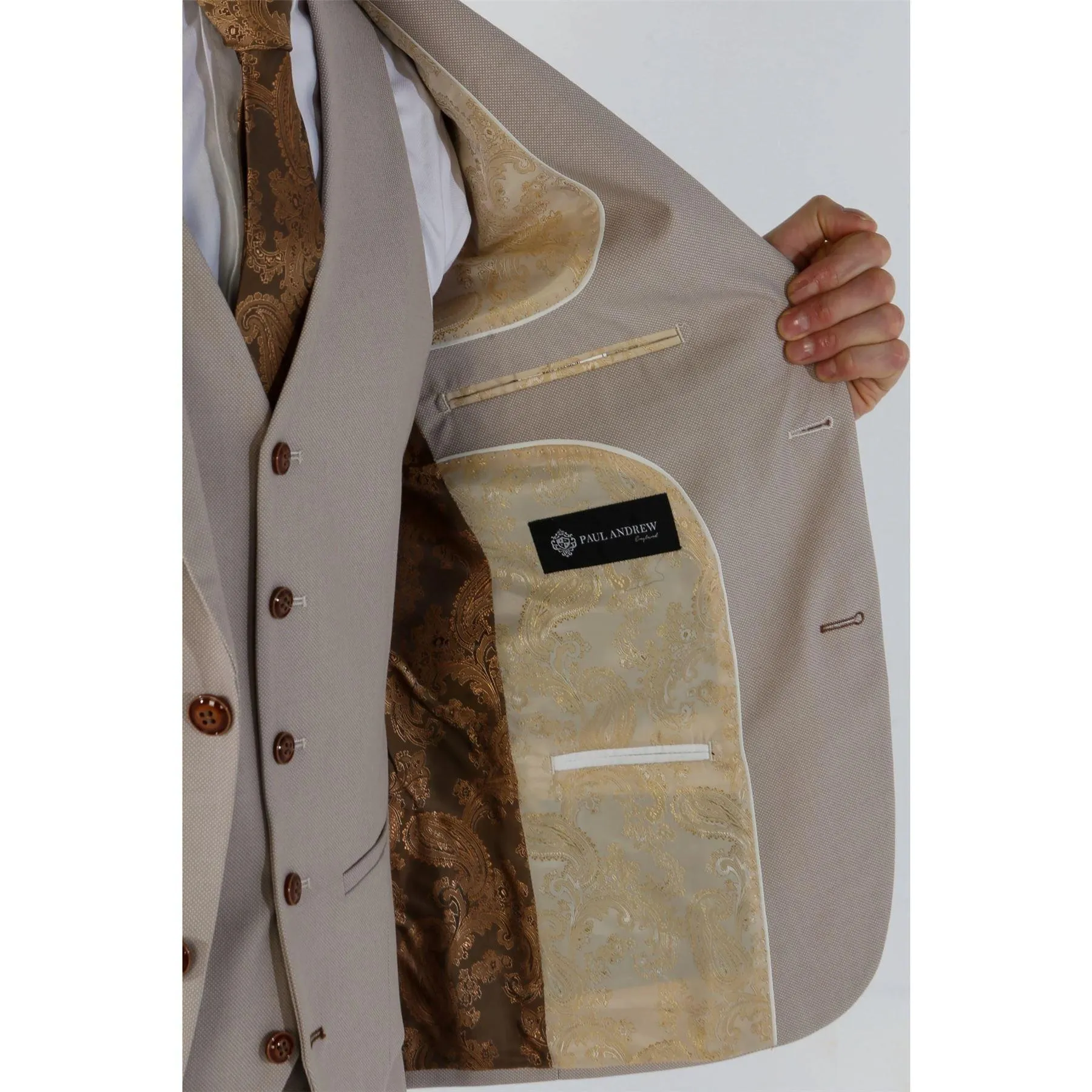 Men's Suit 3 Piece Beige Classic Birdseye Summer Wedding