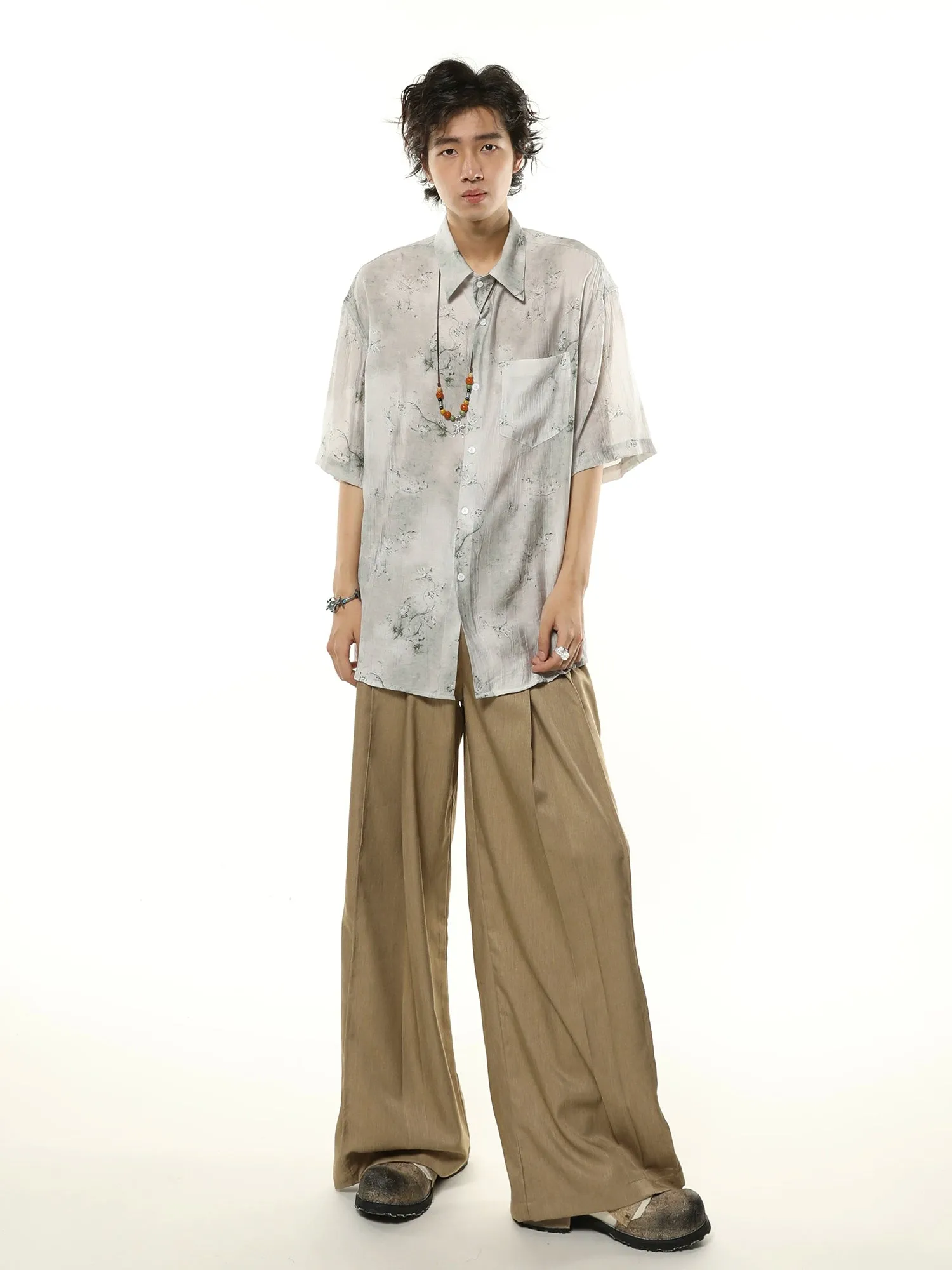 Metallic Sheen Abstract Print Oversized Button-Up Shirt