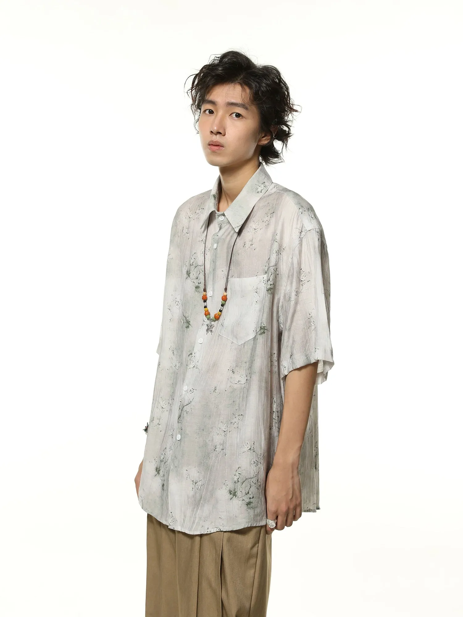 Metallic Sheen Abstract Print Oversized Button-Up Shirt