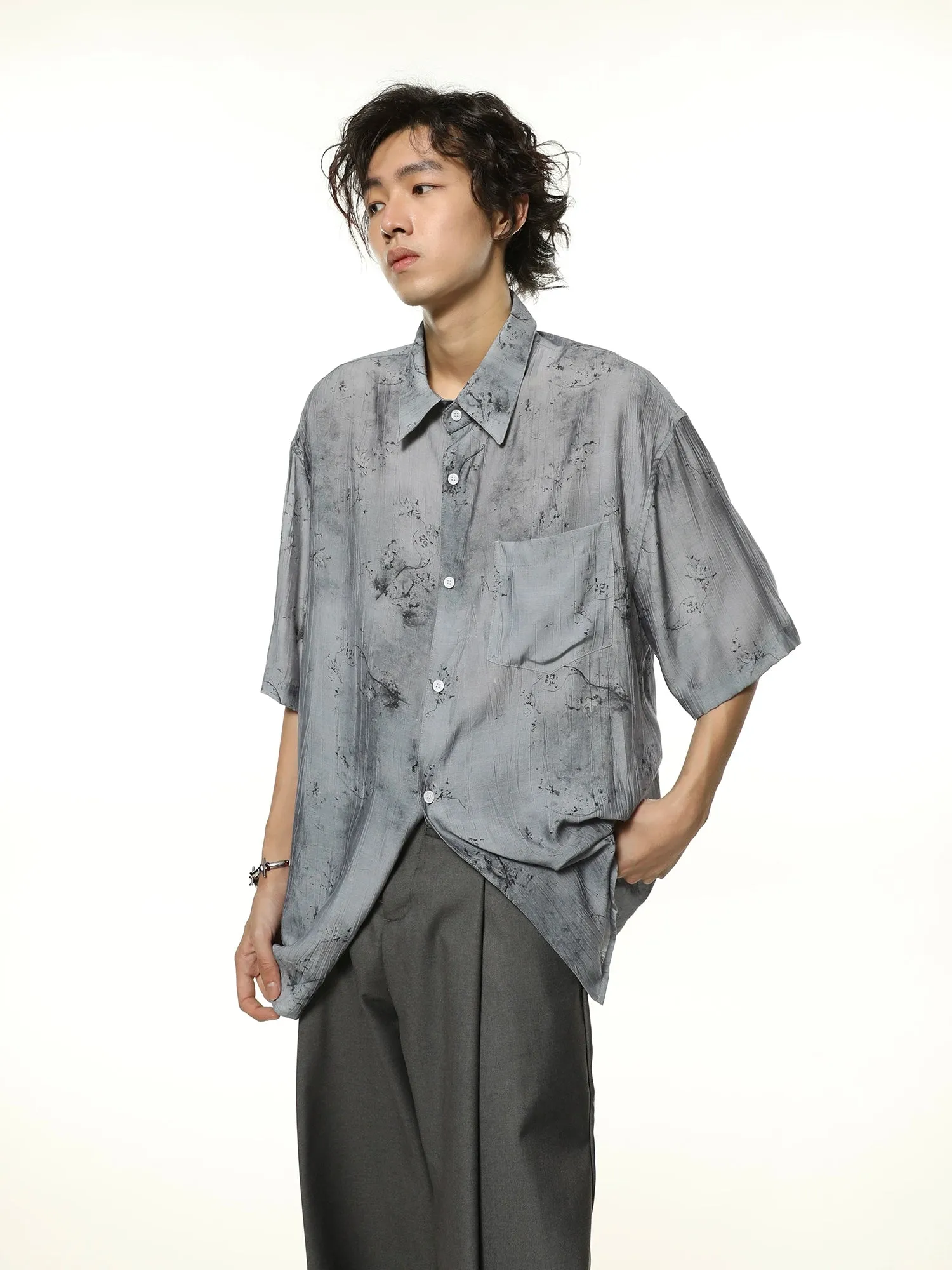 Metallic Sheen Abstract Print Oversized Button-Up Shirt