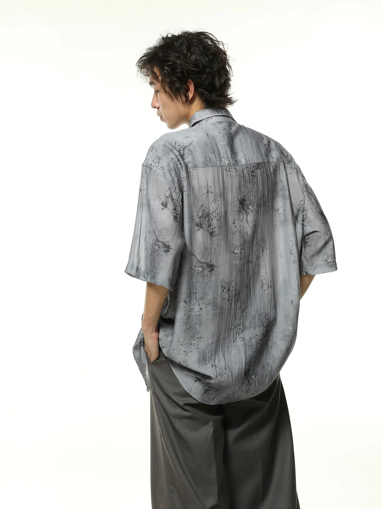 Metallic Sheen Abstract Print Oversized Button-Up Shirt