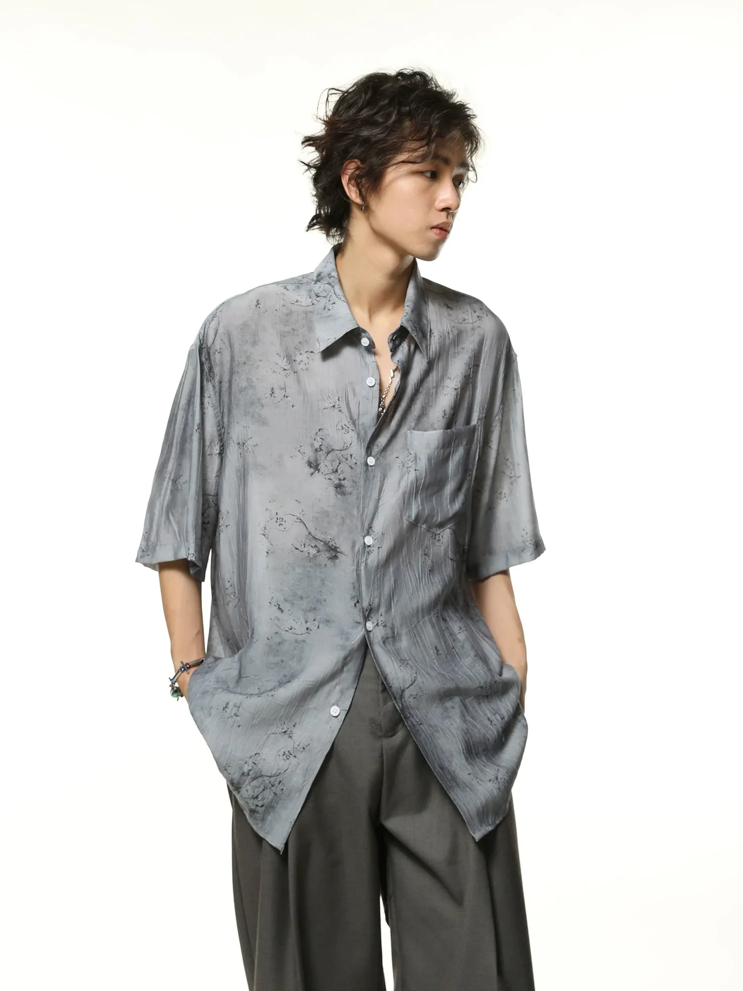 Metallic Sheen Abstract Print Oversized Button-Up Shirt