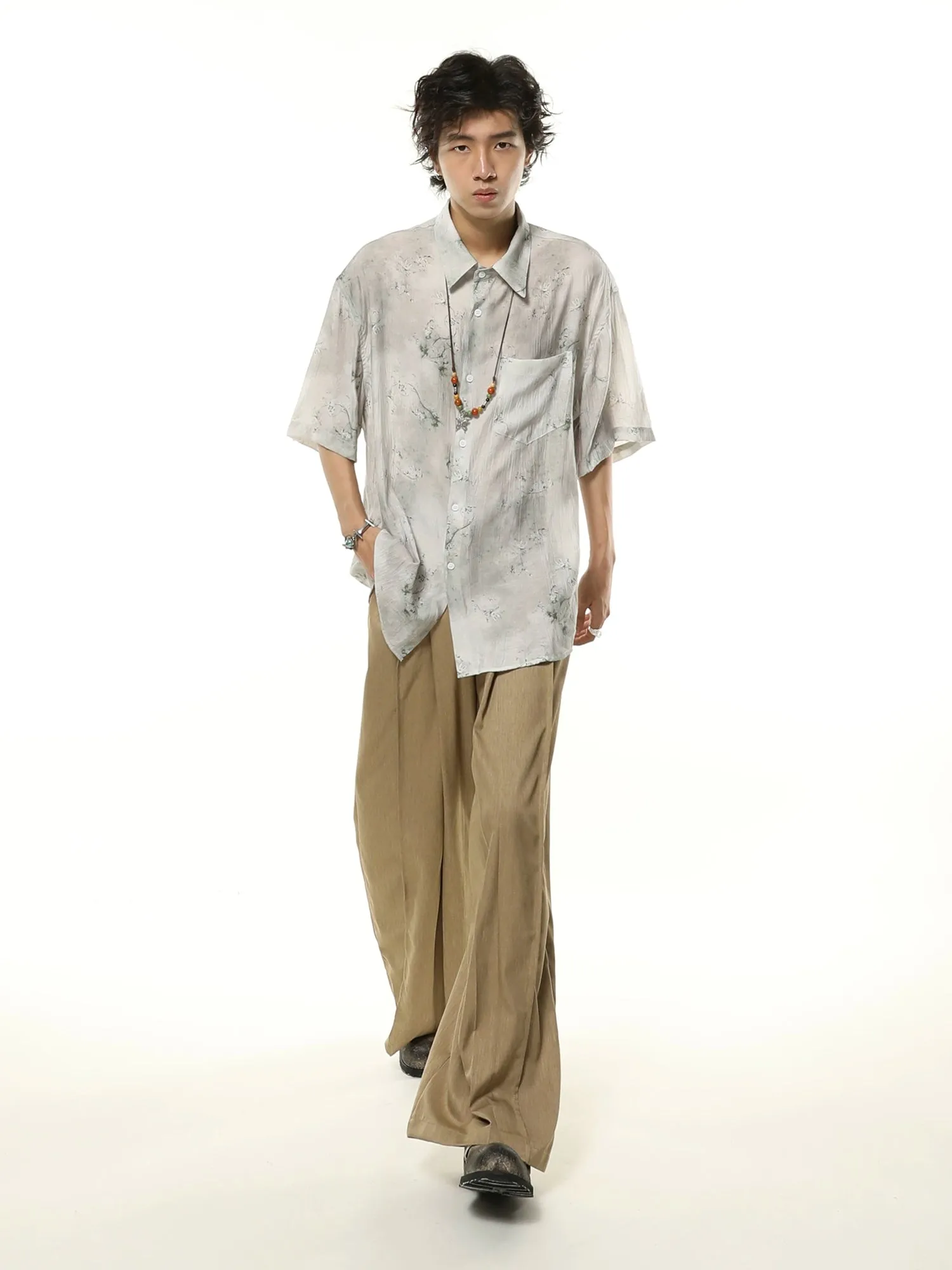 Metallic Sheen Abstract Print Oversized Button-Up Shirt