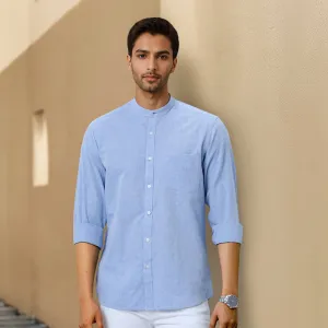 Sky Blue Mandarin Collar Solid Linen Cotton Shirt for Men