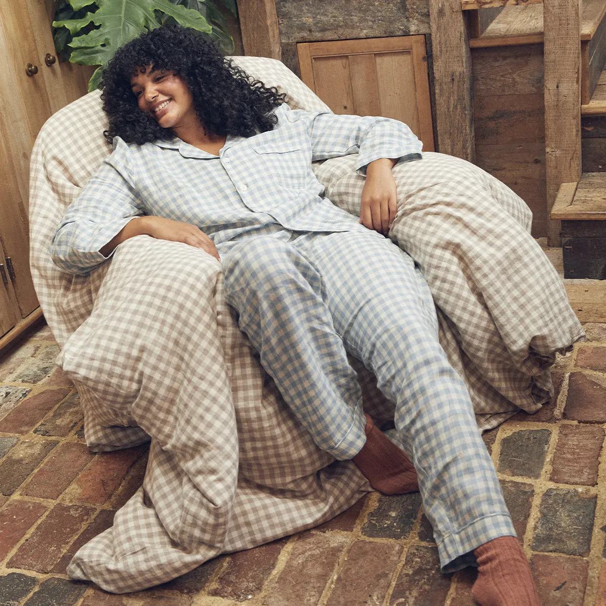 Warm Blue Gingham Linen Pyjama Trouser Set