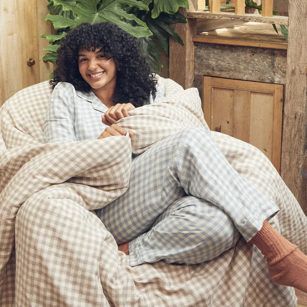 Warm Blue Gingham Linen Pyjama Trouser Set